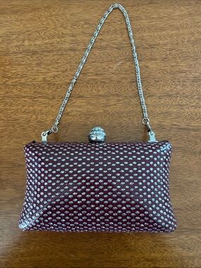 Expressions NYC Burgundy Crystal-Embellished Evening Clutch with Silver Chain